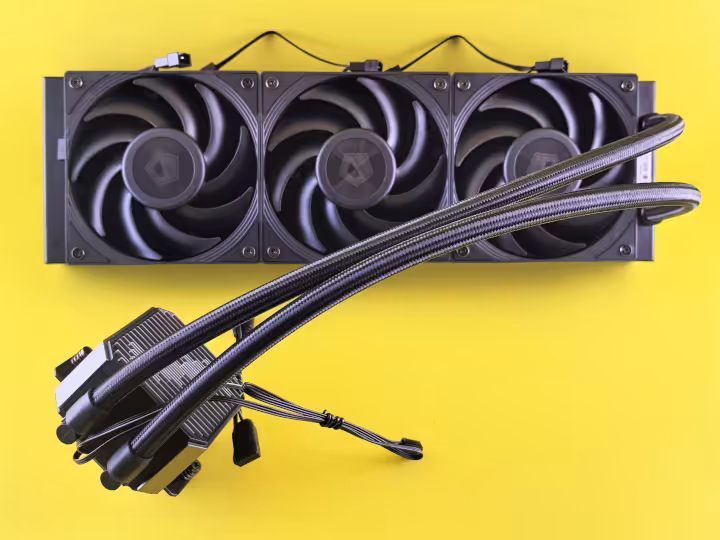 AIO liquid CPU cooler with pump block, tubing and radiator