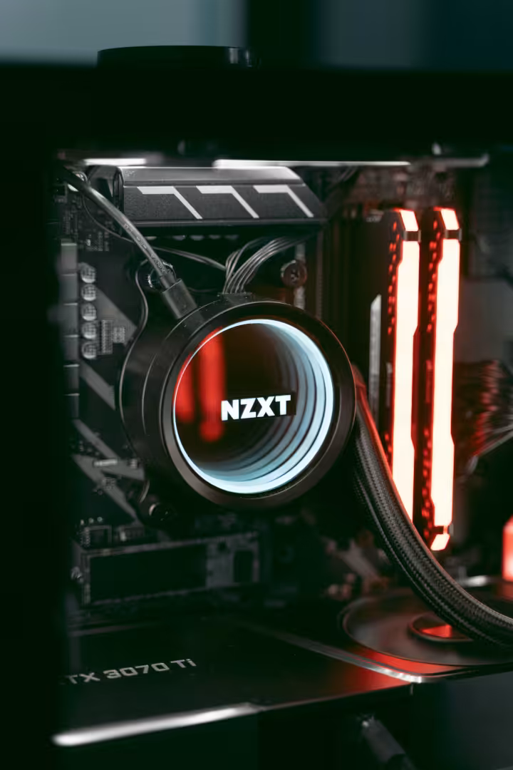 Completed PC build with AIO liquid cooler, case fans and RGB lighting installed and cable-managed