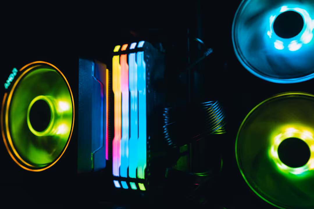 Full PC build with synced RGB lighting across fans and components