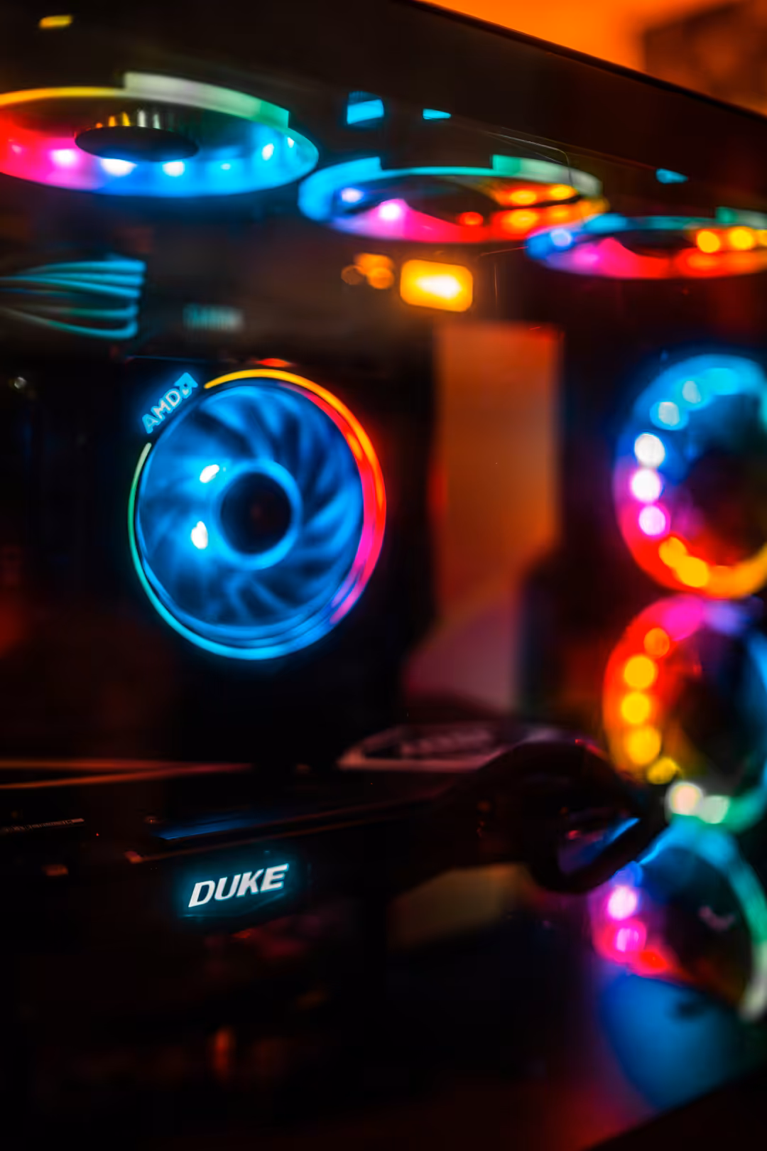 Close-up of RGB lighting effects on PC components